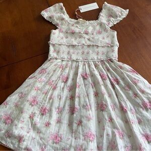 LoveShackFancy Cream Dress with Pink Floral Print
